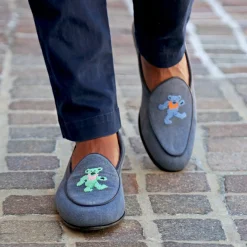Dancing Bears Canvas Belgian Loafers (Slate Canvas) (Marine Leather)