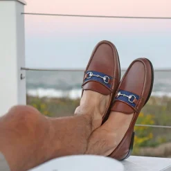 Herringbone Downing Bit Loafers (Navy) (Chestnut Leather)