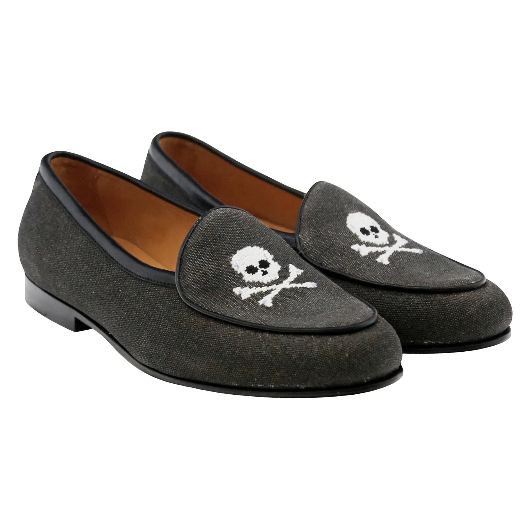 Jolly Roger Canvas Belgian Loafers (Charcoal Canvas) (Black Leather)