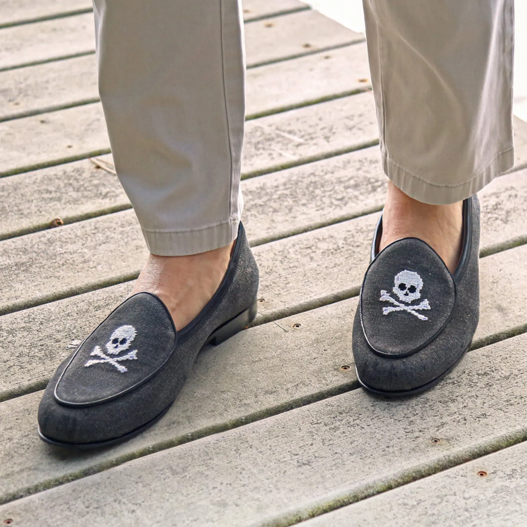 Jolly Roger Canvas Belgian Loafers (Charcoal Canvas) (Black Leather)