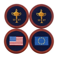 Ryder Cup 1927 Trophy-American Flag-EU Flag Coasters (Dark Navy)