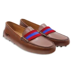 SMU Surcingle Driving Shoes (Red-Royal) (Chestnut Leather-Logo)