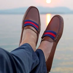 Surcingle Driving Shoes (Dark Navy-Red) (Chestnut Leather)