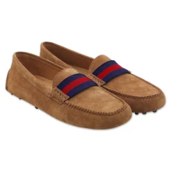 Surcingle Driving Shoes (Dark Navy-Red) (Cognac Suede)